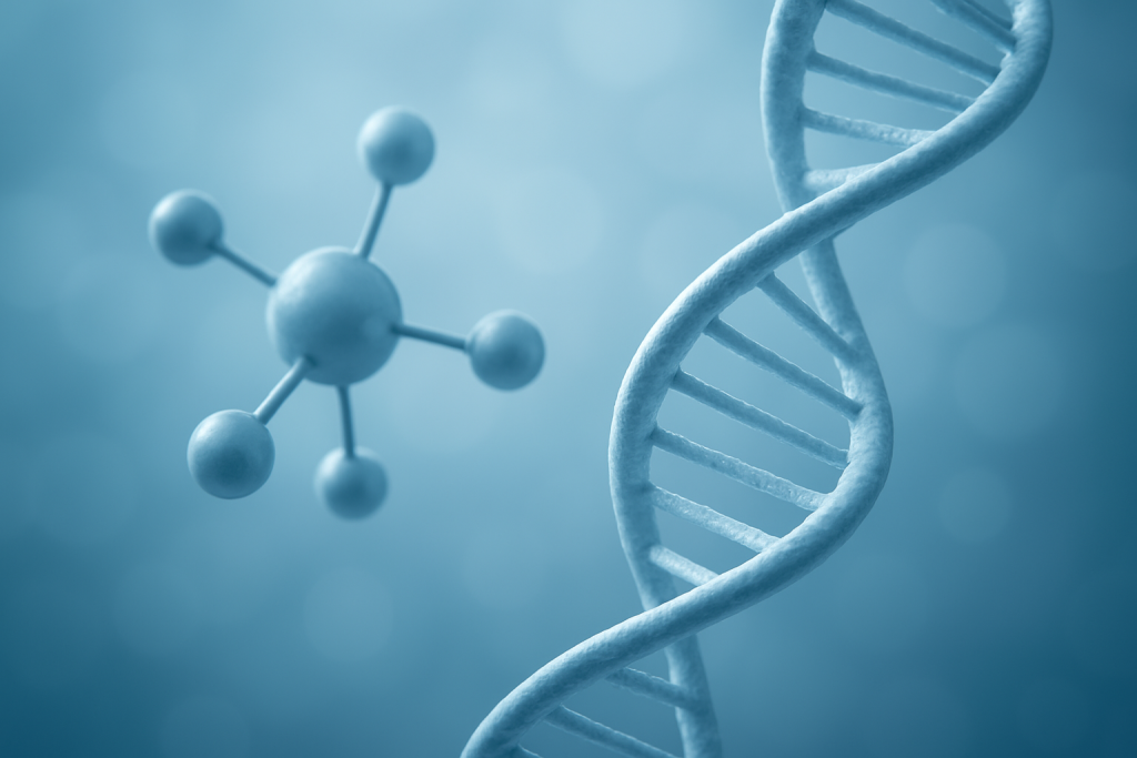 Stylized molecular model and DNA helix against a blurred blue background