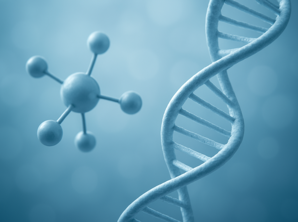 Stylized molecular model and DNA helix against a blurred blue background