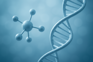 Stylized molecular model and DNA helix against a blurred blue background