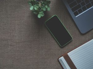 Overhead view of a smartphone, a laptop, a notebook, and a small plant on a textured surface.