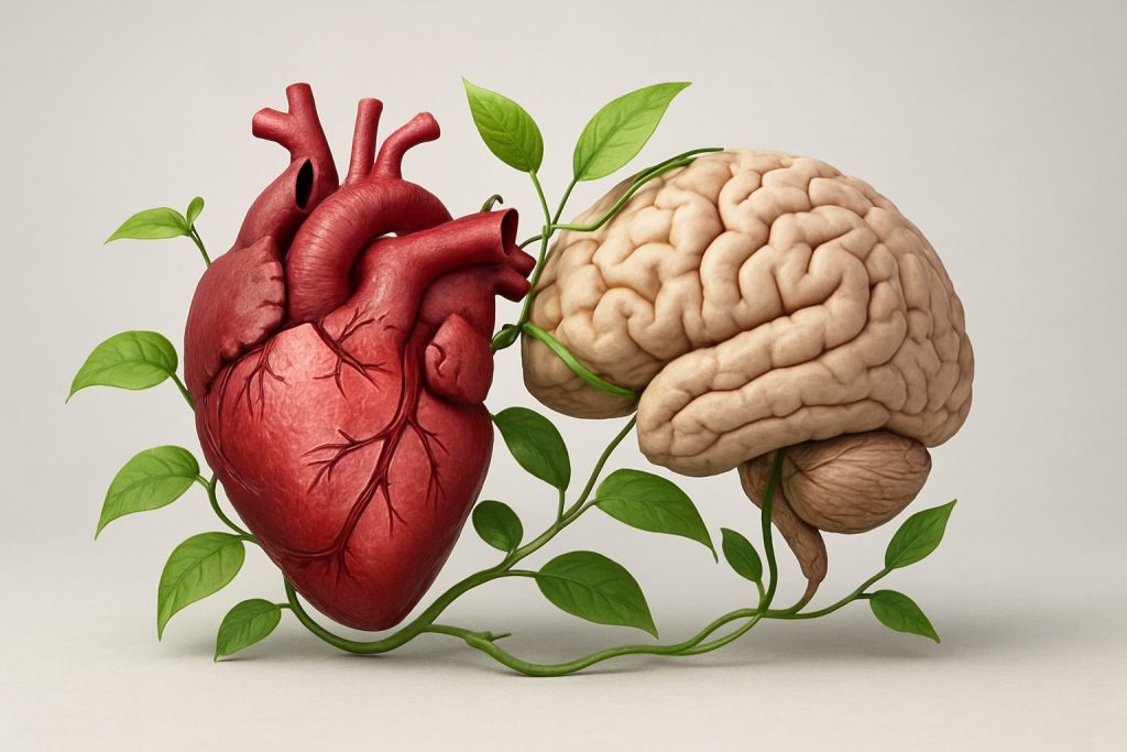 A stylized representation of a heart and brain intertwined with green vines, symbolizing the connection between physical