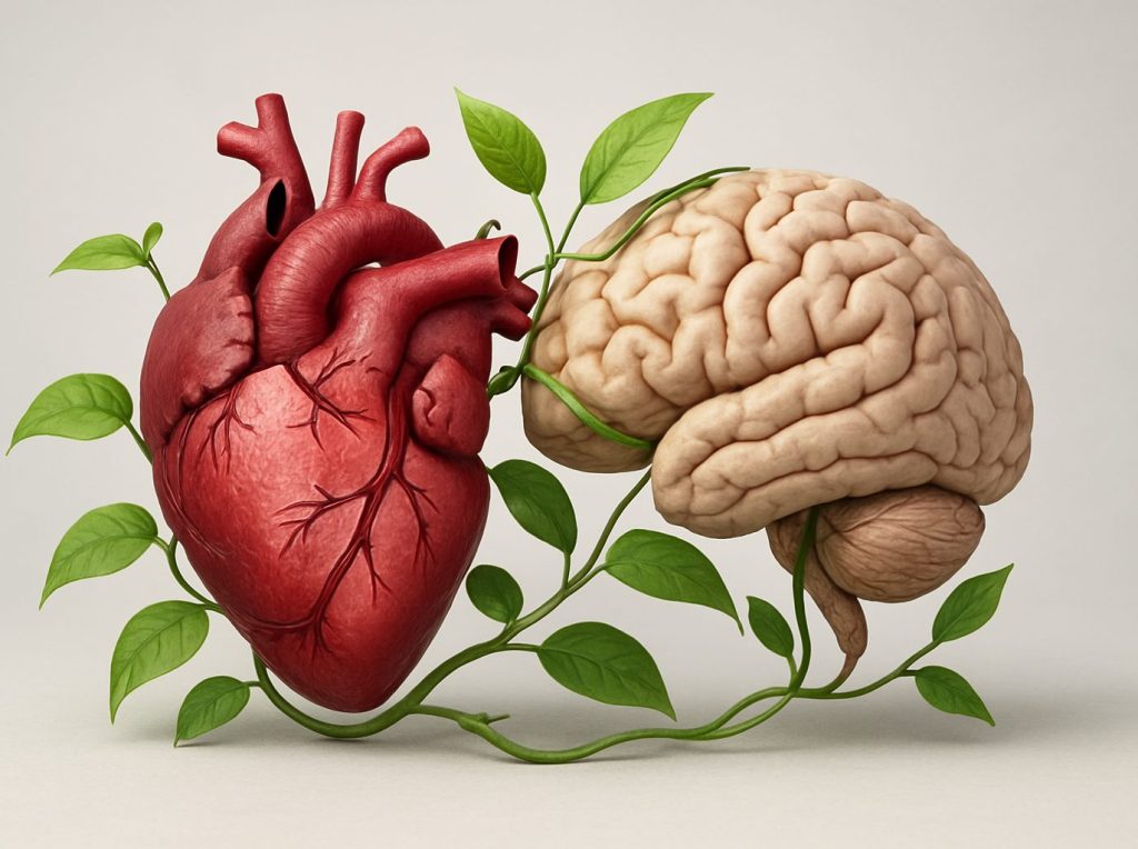 A stylized representation of a heart and brain intertwined with green vines, symbolizing the connection between physical