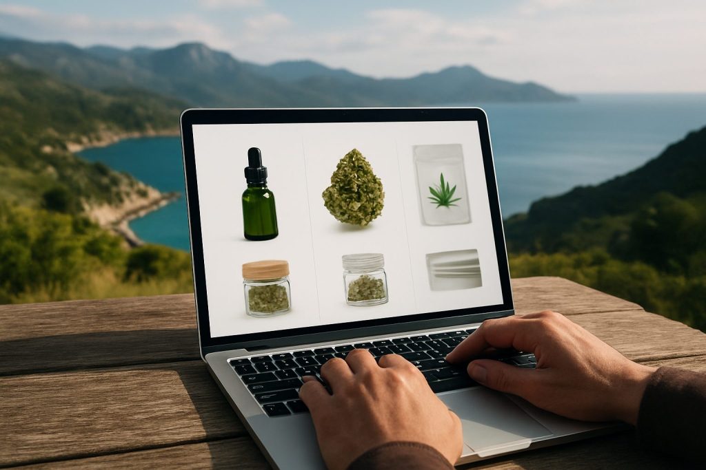 A person searching for dispensary options on a laptop with cannabis products displayed on the screen, outdoors near a sc