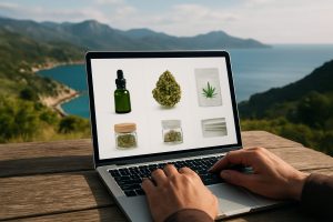 A person searching for dispensary options on a laptop with cannabis products displayed on the screen, outdoors near a sc