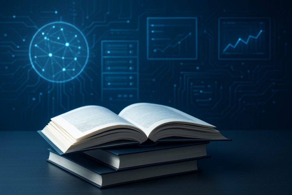 An open book on top of stacked books, with a digital circuit pattern in the background