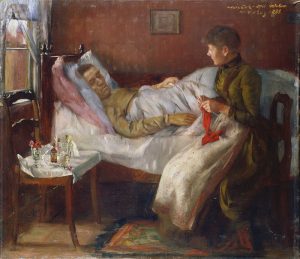 An elderly man in bed being cared for by a woman in a historical setting.