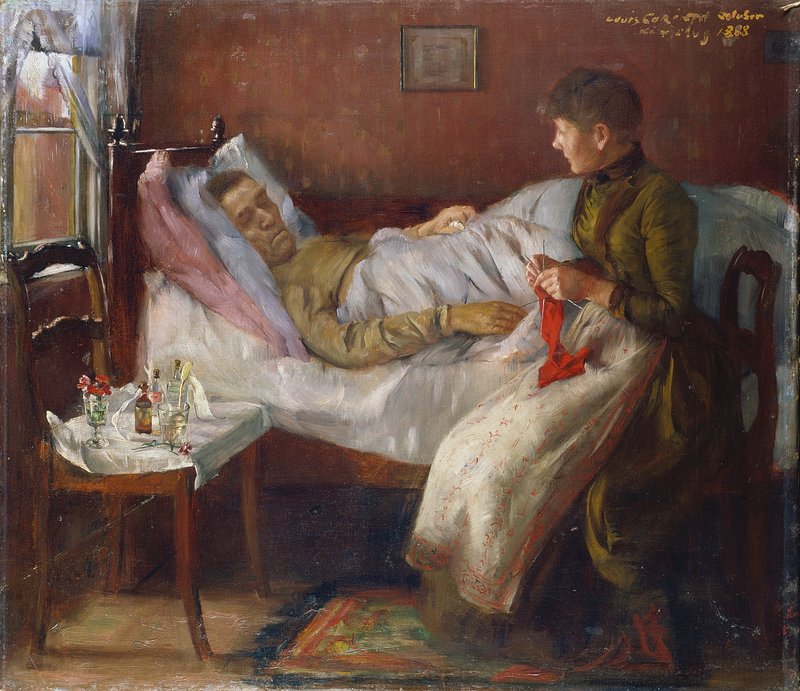 An elderly man in bed being cared for by a woman in a historical setting.